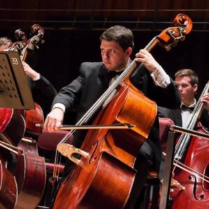 Double bassist Harry Grossman performs on a stage. He is wearing a tuxedo. In the background, other double bassists are playing along.